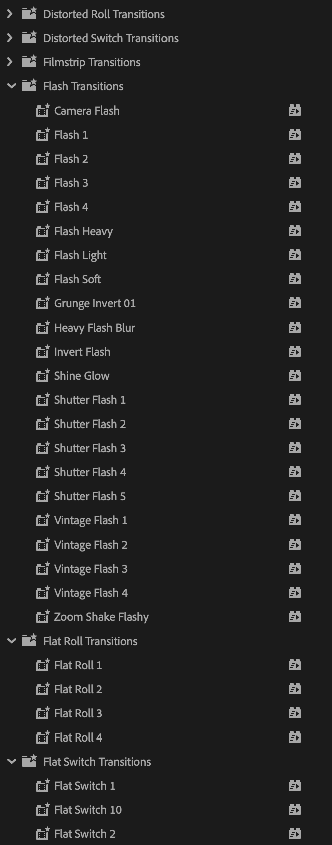 Actual Premiere Pro preset folders with Flash, Flat Roll, and Flat Switch effect variations